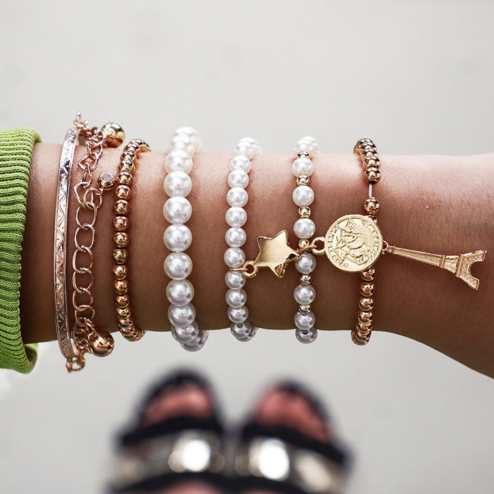 Vembley Gold Plated Pearl Studded Multistrand Korean Bracelet For Women and Girls