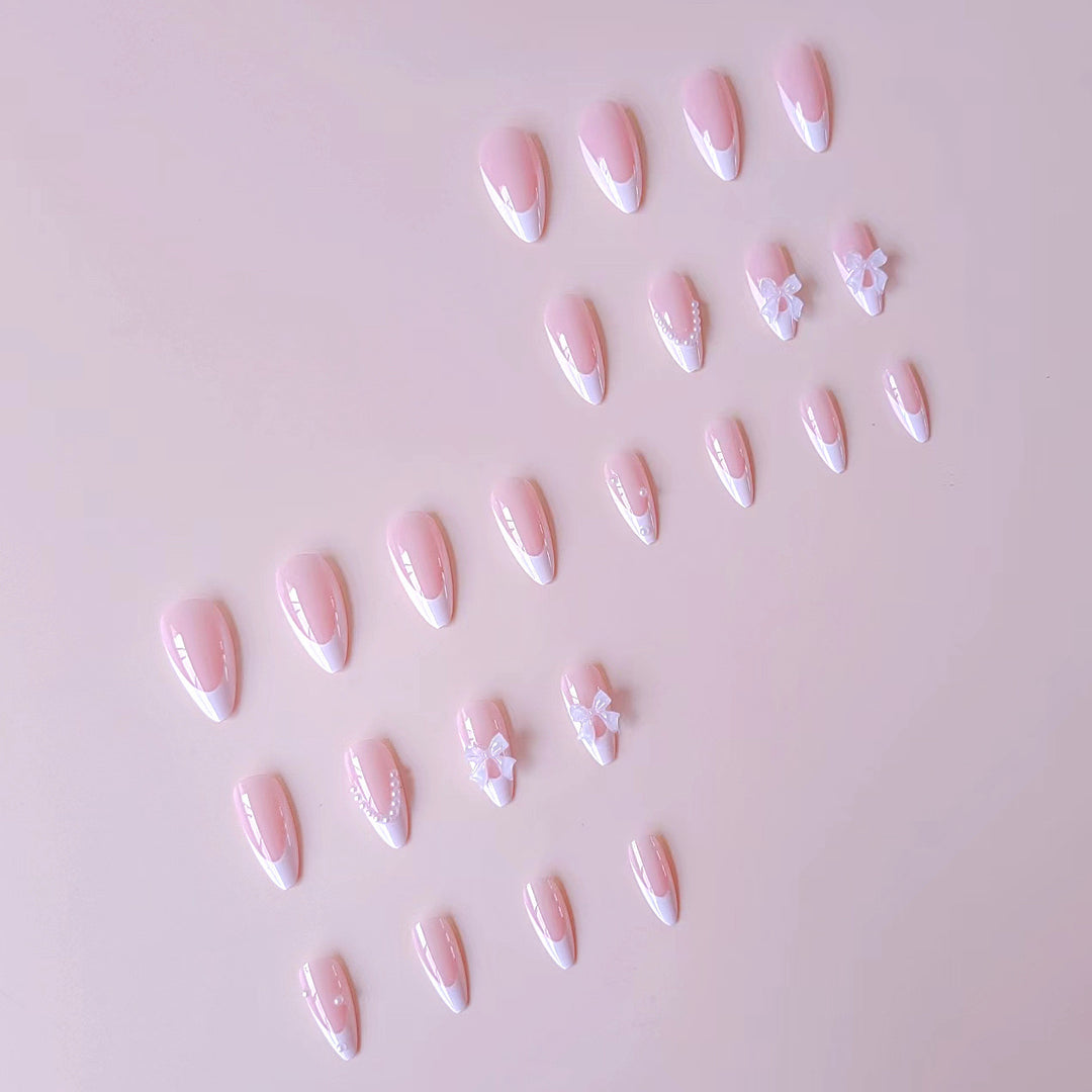 Vembley Set of 24 Pcs Artificial Reusable Press On Nails In Bowknot And Pearl Design With Sticker And Glue