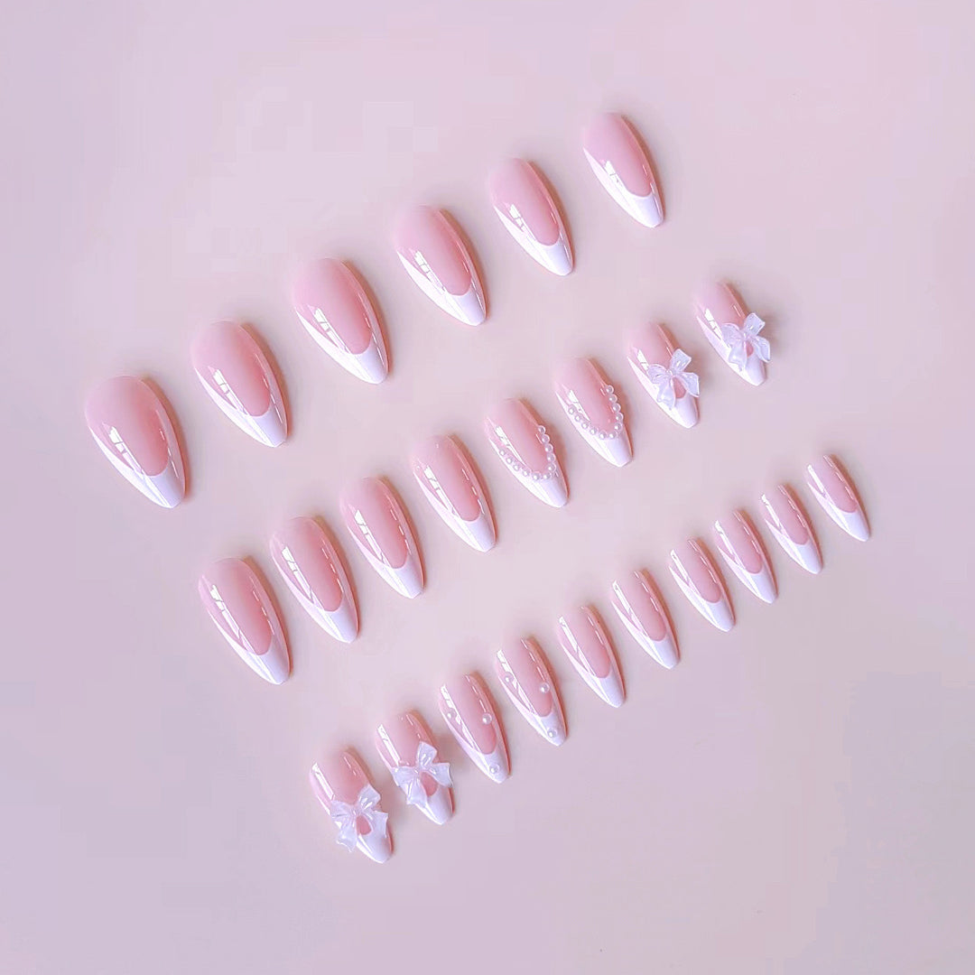 Vembley Set of 24 Pcs Artificial Reusable Press On Nails In Bowknot And Pearl Design With Sticker And Glue