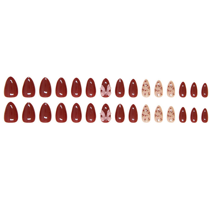 Vembley Set Of 24 Artificial / Fake Reusable Press on Korean Nails In Maroon and Pink Colour With Floral Detailing and 3D Bow Sticker And Glue