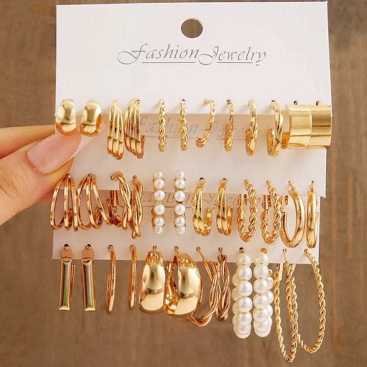 Vembley Combo Of  18 Pairs Gold Plated Hoop And Pearl Earrings For Women And Girls
