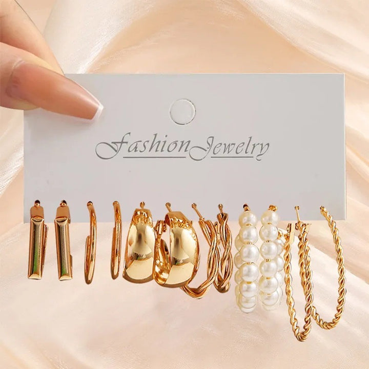 Vembley Combo Of  18 Pairs Gold Plated Hoop And Pearl Earrings For Women And Girls