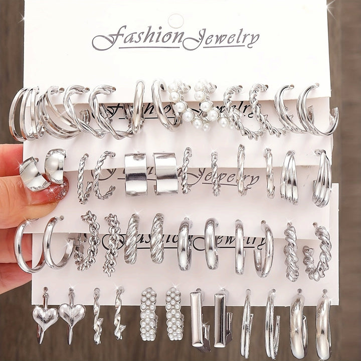 Vembley Combo Of  24 Pairs Silver Plated Hoop And Pearl Earrings For Women And Girls
