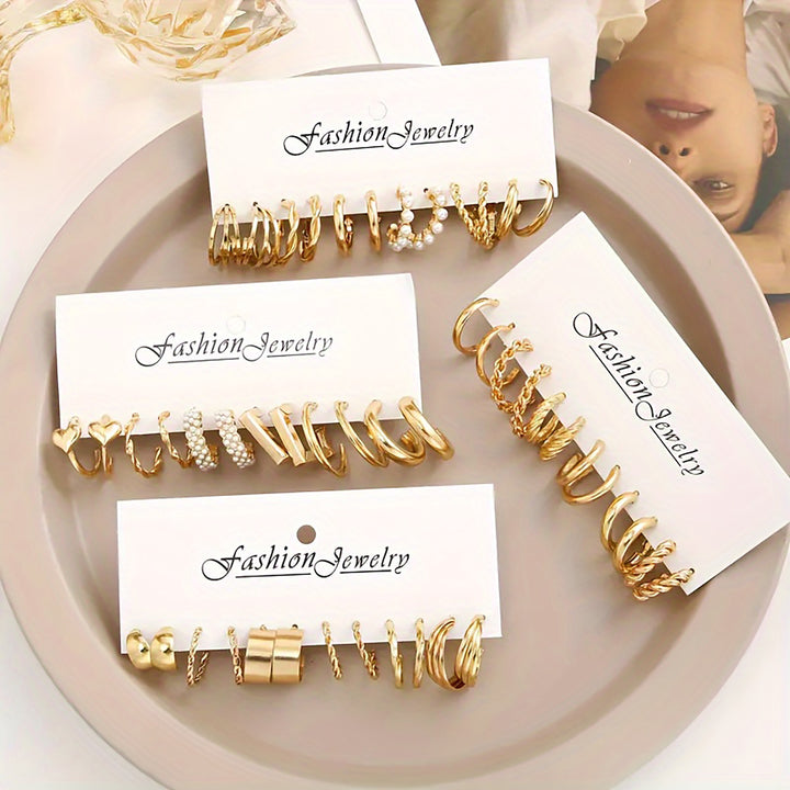 Vembley Combo Of  24 Pairs Gold Plated Hoop And Pearl Earrings For Women And Girls