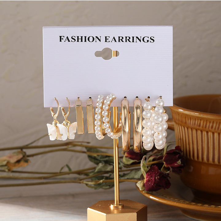 Vembley Gold Plated Butterfly & Pearl Décor Charm Small Hoops Earrings Set For Women & Girls