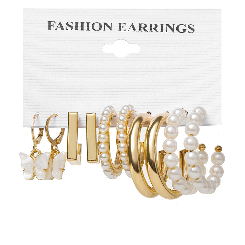 Vembley Gold Plated Butterfly & Pearl Décor Charm Small Hoops Earrings Set For Women & Girls
