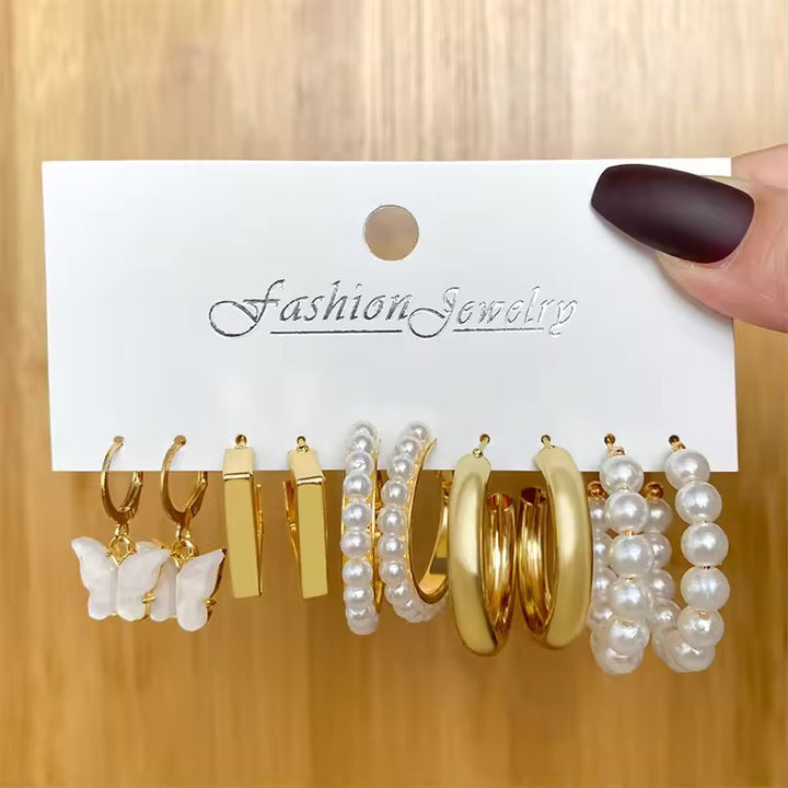 Vembley Gold Plated Butterfly & Pearl Décor Charm Small Hoops Earrings Set For Women & Girls