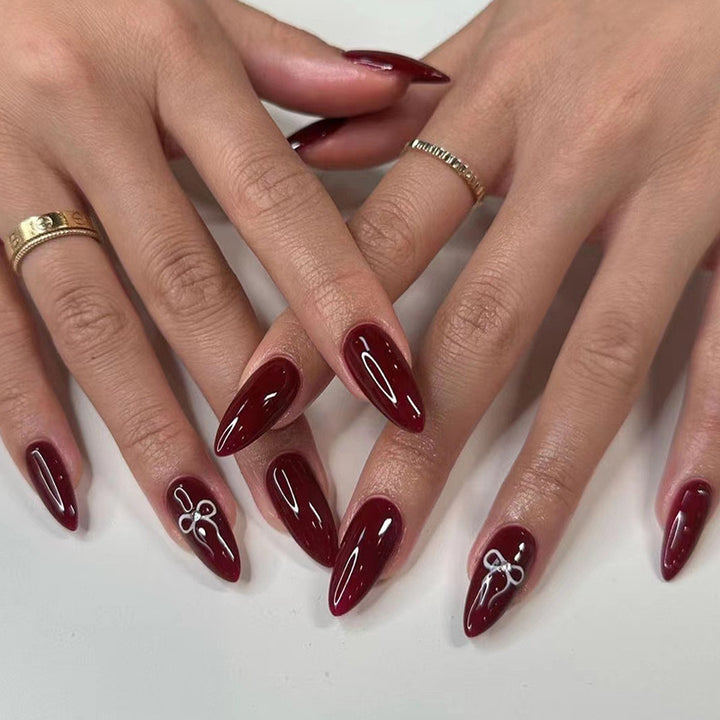 Vembley Set Of 24 Artificial Resuable Base Maroon White Bow Glossy Nails With Sticker And Glue