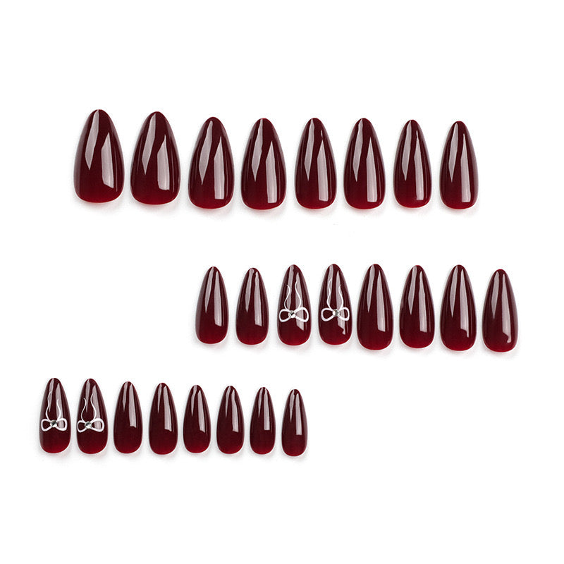 Vembley Set Of 24 Artificial Resuable Base Maroon White Bow Glossy Nails With Sticker And Glue