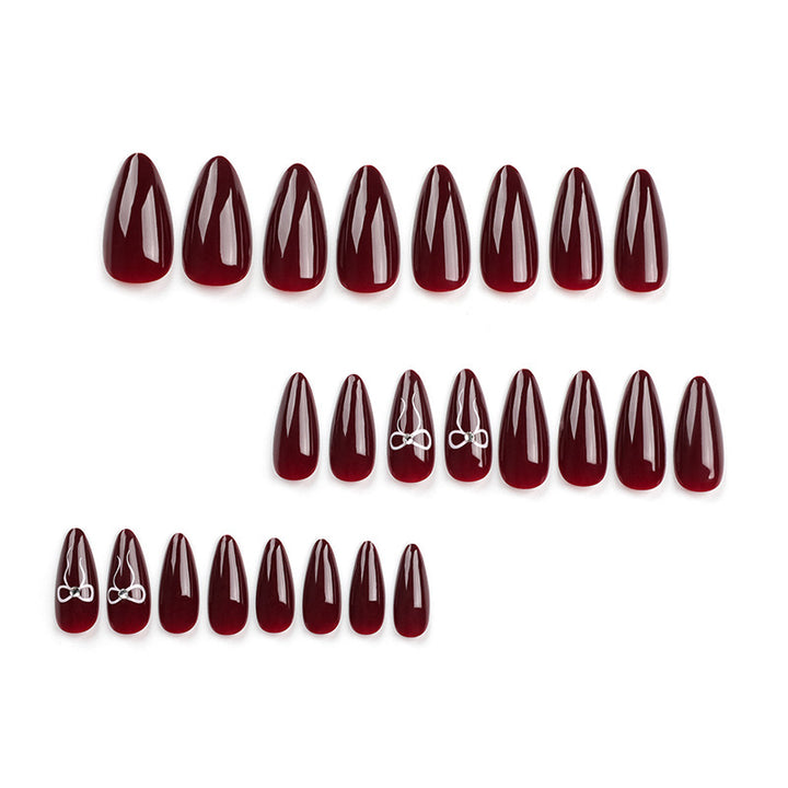 Vembley Set Of 24 Artificial Resuable Base Maroon White Bow Glossy Nails With Sticker And Glue