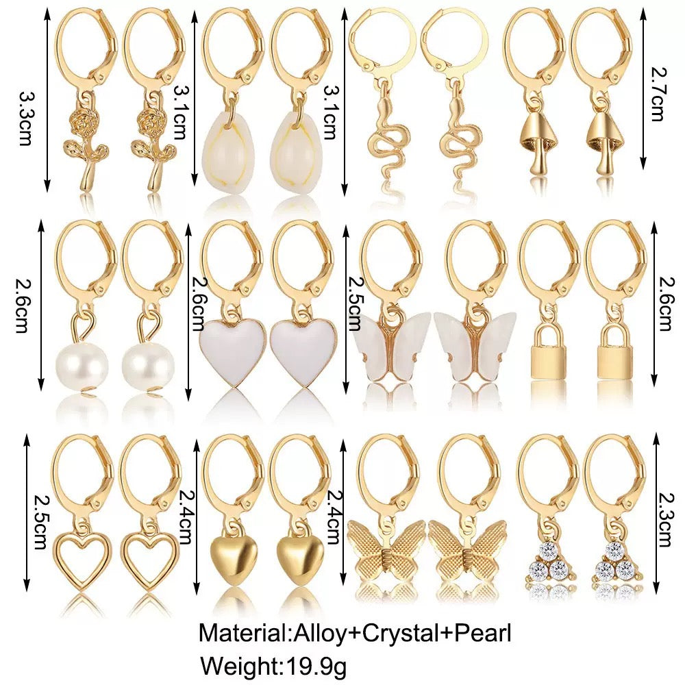 Vembley Trendy 12 Pair Gold Plated Charm Hoop Earring Set for Women & Girls