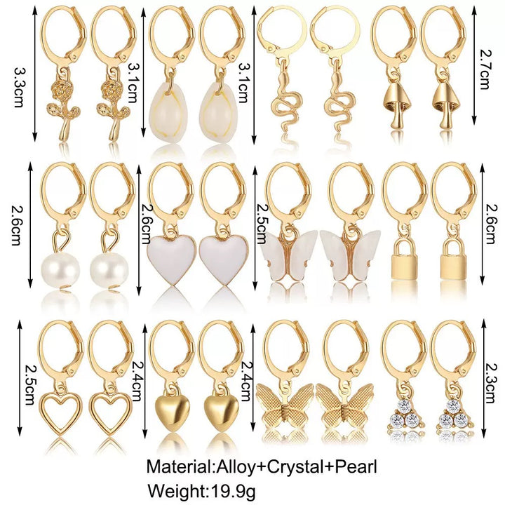Vembley Trendy 12 Pair Gold Plated Charm Hoop Earring Set for Women & Girls