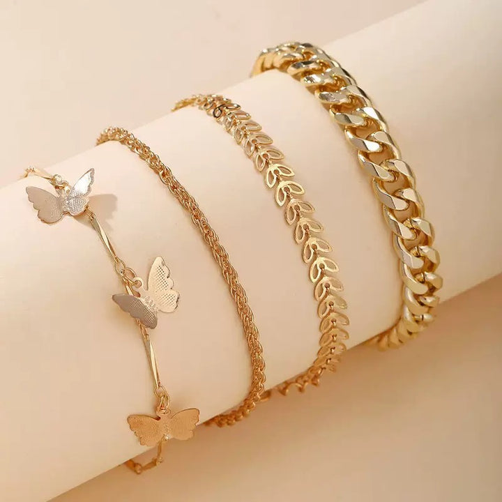 Vembley Elegant Golden Butterfly & Leaf Charm Chucky Chain Cuff Bracelet Set For Women And Girls
