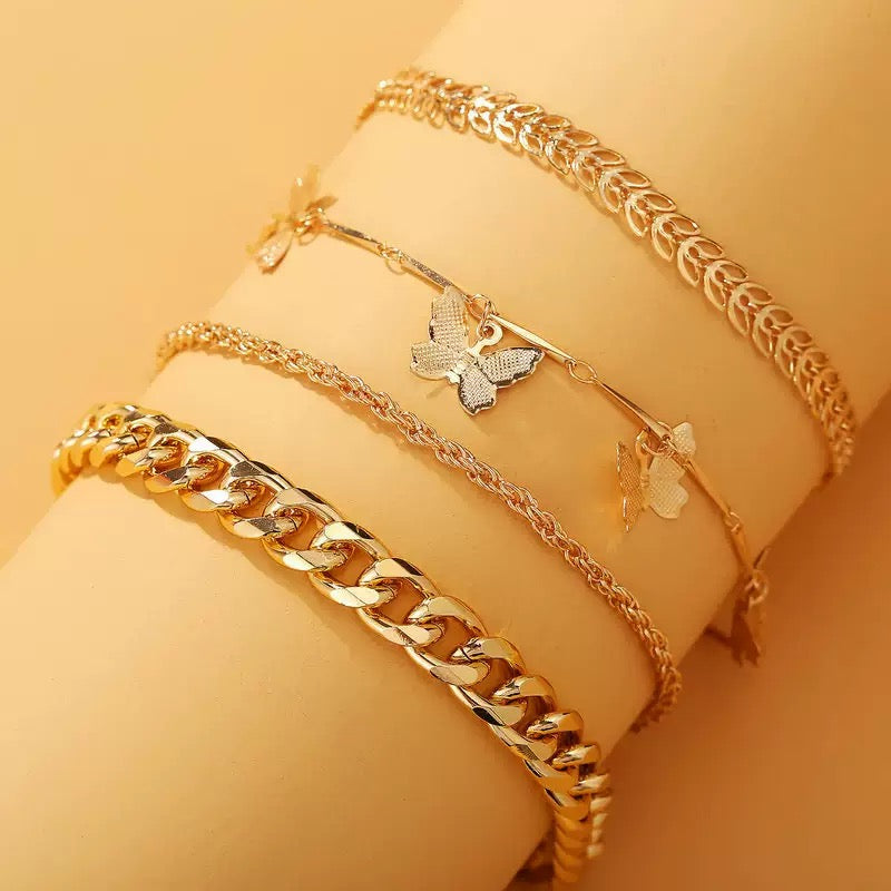 Vembley Elegant Golden Butterfly & Leaf Charm Chucky Chain Cuff Bracelet Set For Women And Girls