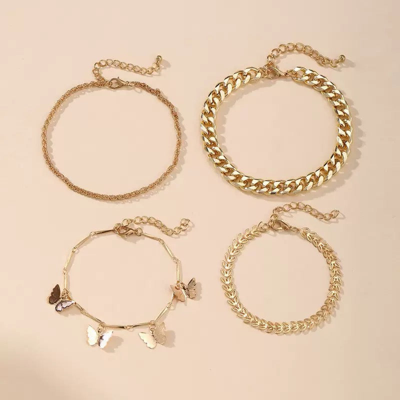 Vembley Elegant Golden Butterfly & Leaf Charm Chucky Chain Cuff Bracelet Set For Women And Girls