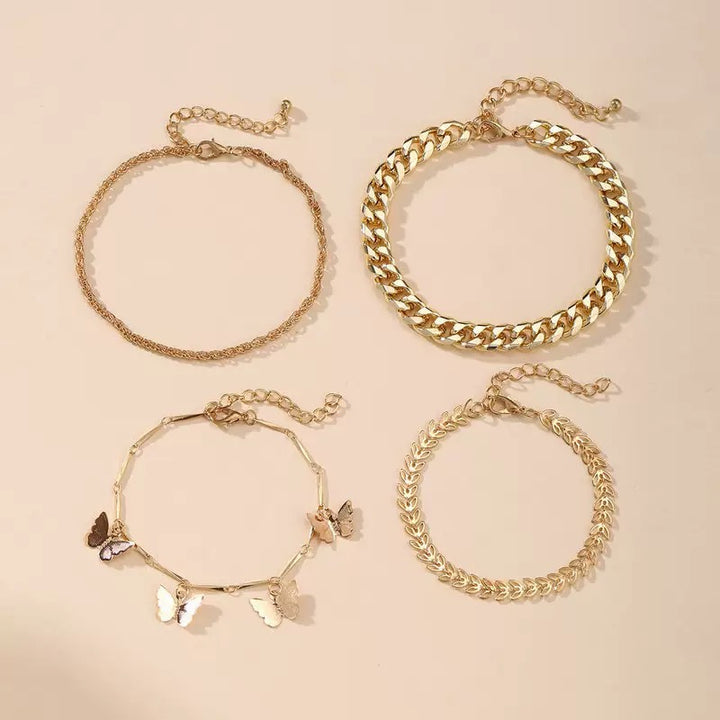 Vembley Elegant Golden Butterfly & Leaf Charm Chucky Chain Cuff Bracelet Set For Women And Girls