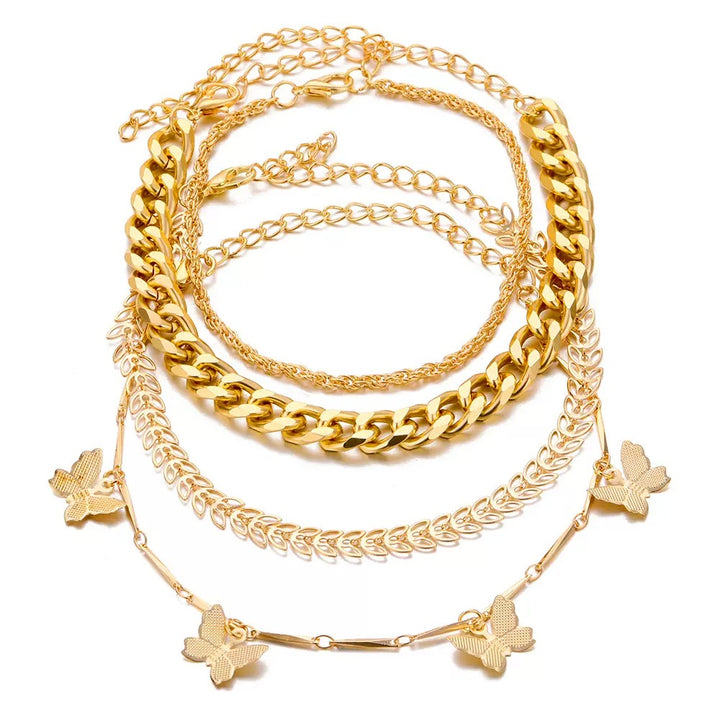 Vembley Elegant Golden Butterfly & Leaf Charm Chucky Chain Cuff Bracelet Set For Women And Girls