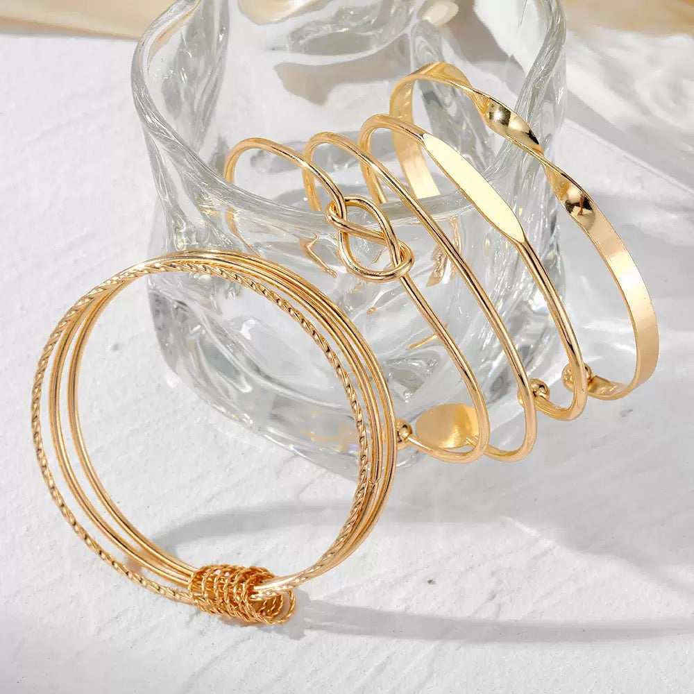 Vembley Trendy 5-Piece Golden Cuff Bracelet Set with Minimalist Knot, Disc and Geometric Designs