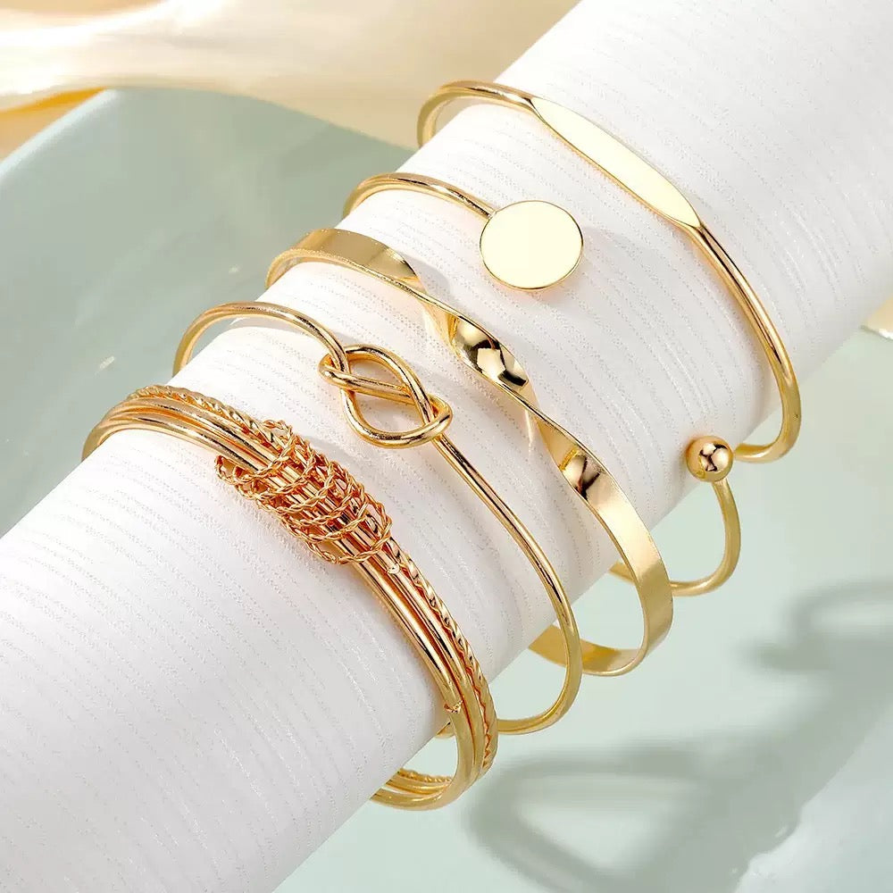Vembley Trendy 5-Piece Golden Cuff Bracelet Set with Minimalist Knot, Disc and Geometric Designs