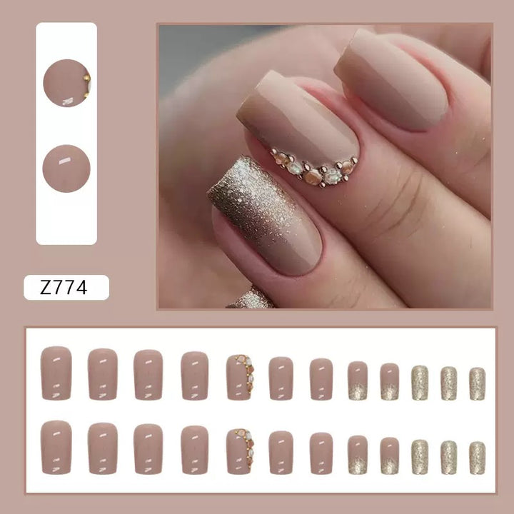 Vembley Elegant Nude Gold Sparkle Artificial Nail Set with stone for Women and Girls with Glue