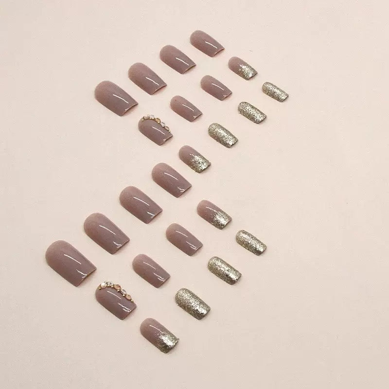 Vembley Elegant Nude Gold Sparkle Artificial Nail Set with stone for Women and Girls with Glue