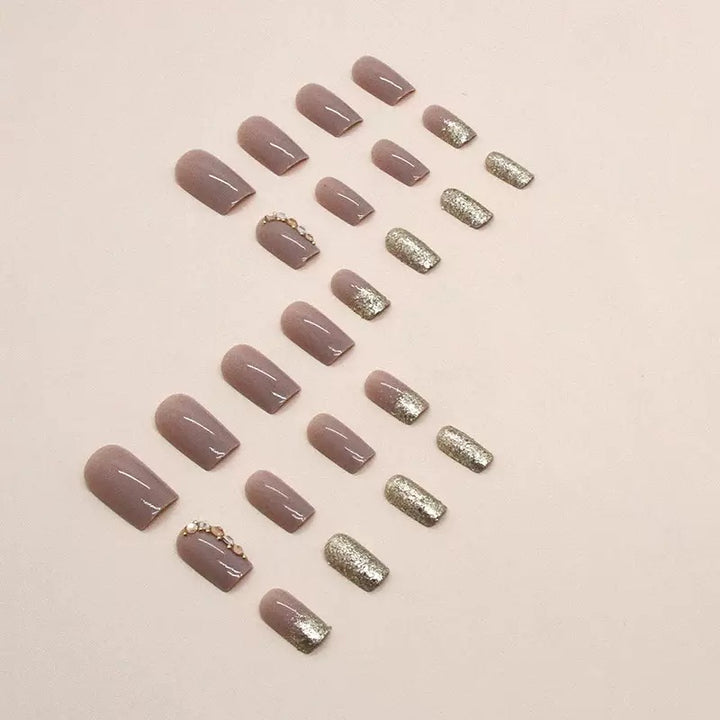 Vembley Elegant Nude Gold Sparkle Artificial Nail Set with stone for Women and Girls with Glue