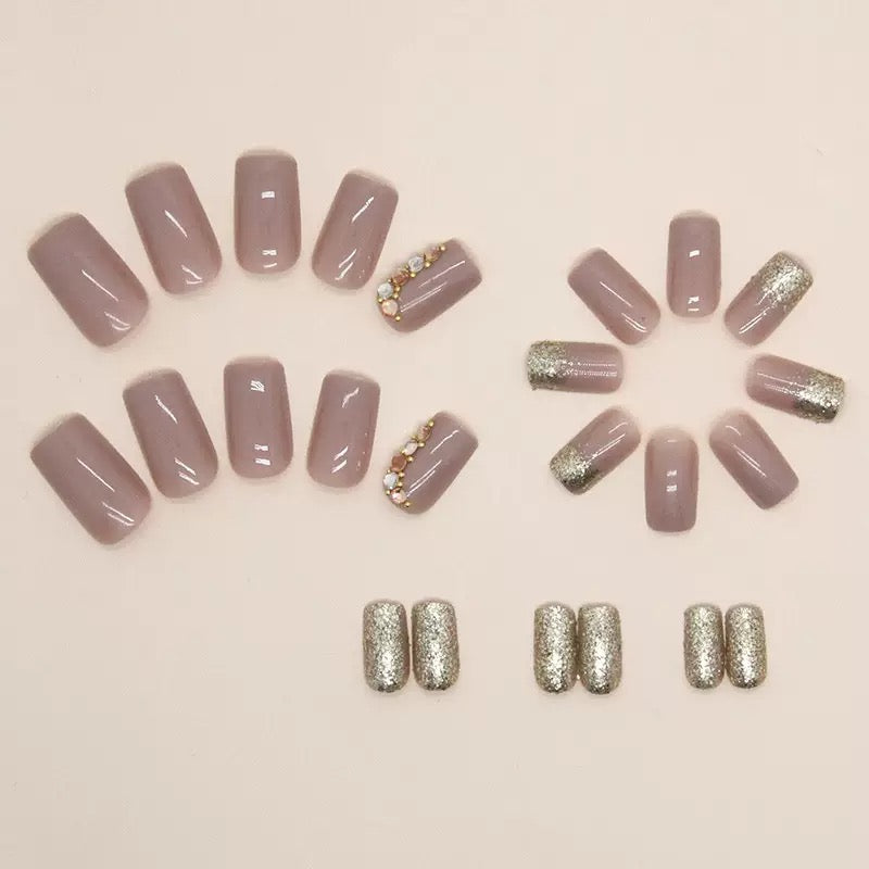 Vembley Elegant Nude Gold Sparkle Artificial Nail Set with stone for Women and Girls with Glue