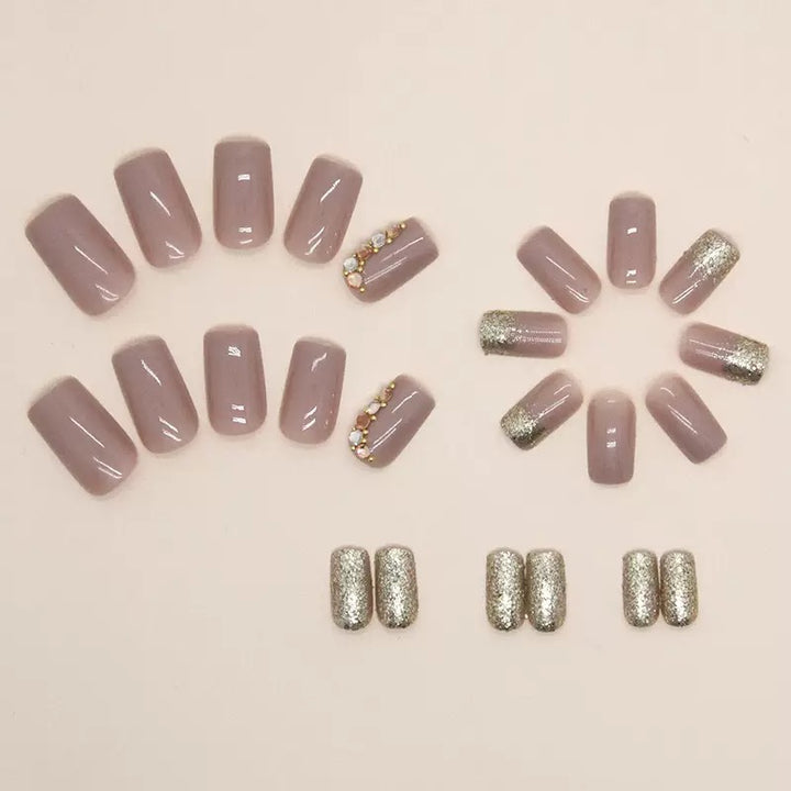 Vembley Elegant Nude Gold Sparkle Artificial Nail Set with stone for Women and Girls with Glue
