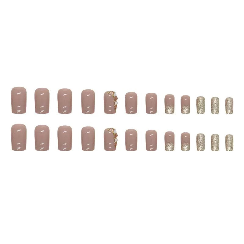 Vembley Elegant Nude Gold Sparkle Artificial Nail Set with stone for Women and Girls with Glue