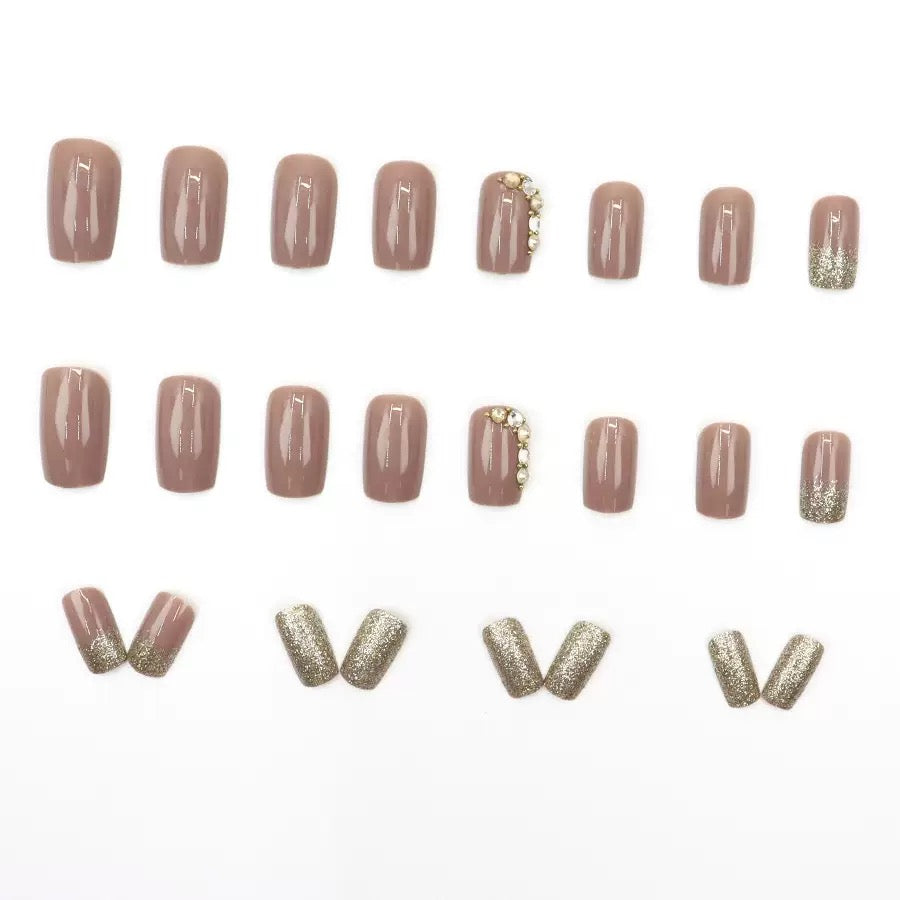 Vembley Elegant Nude Gold Sparkle Artificial Nail Set with stone for Women and Girls with Glue