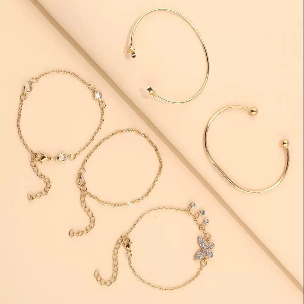 Vembley Gold-Plated Butterfly Inspired Set of 5 Contemporary Stackable Bracelet Set For Women and Girls