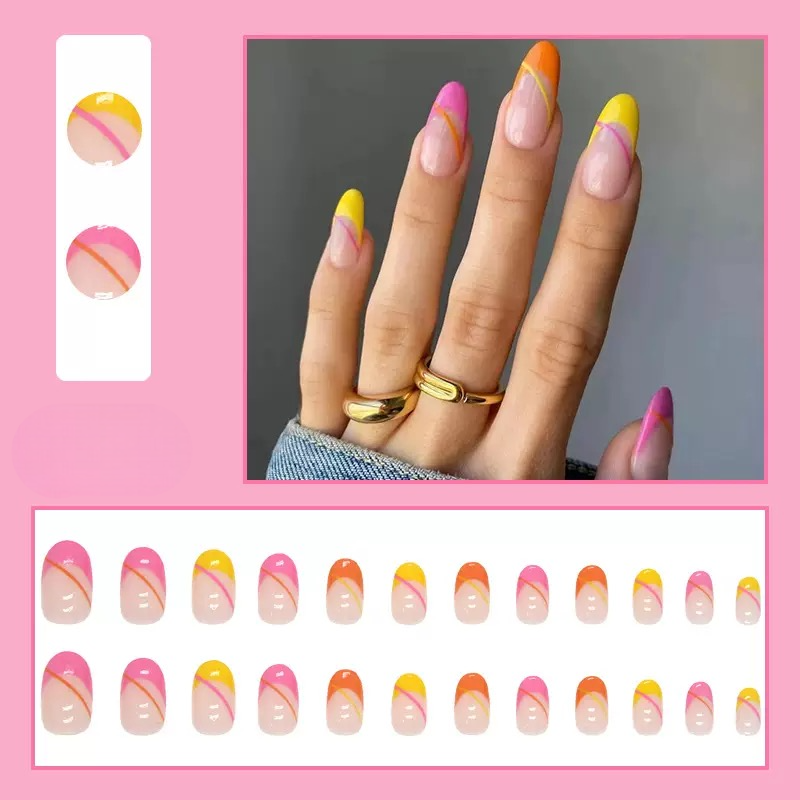 Vembley Vibrant Neon French Tip Almond Nail Set with Pink, Yellow & Orange Design for Trendy Women Artificial Nails