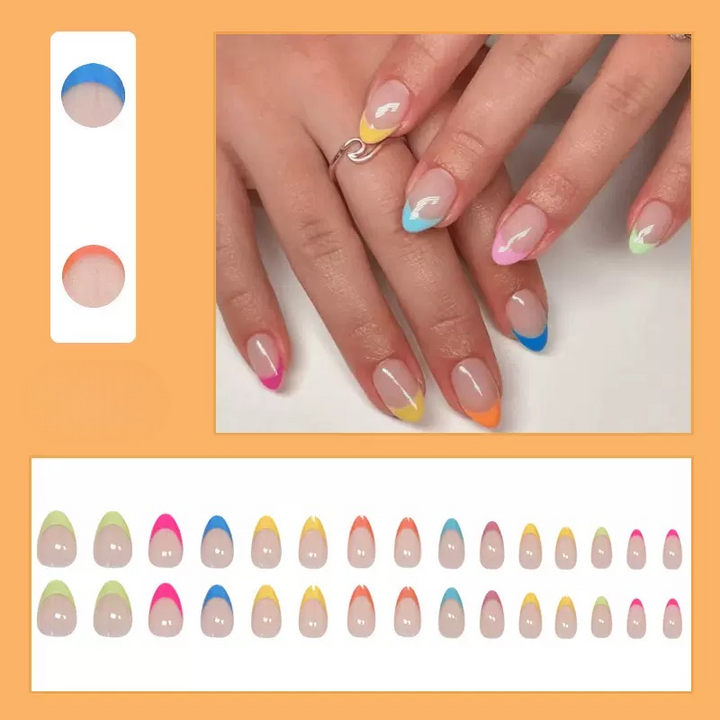 Vembley Trendy Pastel French Tip Almond Nail Set with Multicolor Design for Women and Girls
