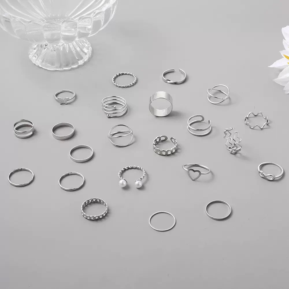 Vembley Elegant Silver Stacked Ring Collection Featuring Butterfly, Infinity, Pearl and Modern Minimalist Statement Bands
