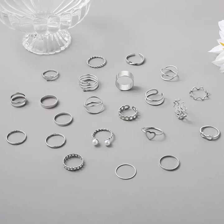 Vembley Elegant Silver Stacked Ring Collection Featuring Butterfly, Infinity, Pearl and Modern Minimalist Statement Bands