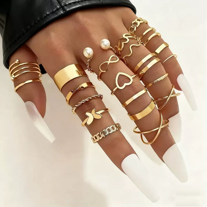 Vembley Elegant Gold Stacked Ring Collection Featuring Butterfly, Infinity, Pearl and Modern Minimalist Statement Bands