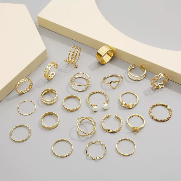 Vembley Elegant Gold Stacked Ring Collection Featuring Butterfly, Infinity, Pearl and Modern Minimalist Statement Bands