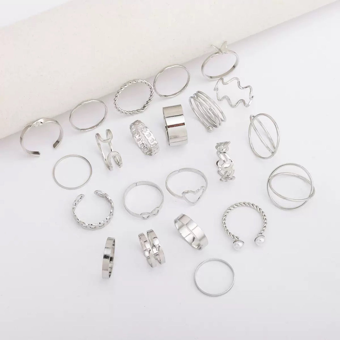 Vembley Elegant Silver Stacked Ring Collection Featuring Butterfly, Infinity, Pearl and Modern Minimalist Statement Bands