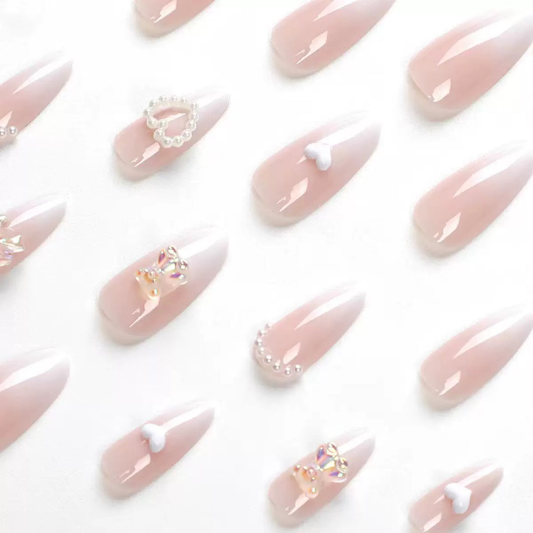 Vembley Set Of 24 Pcs Artificial Milky Pearl Ombre Stiletto Nails With Heart Charms