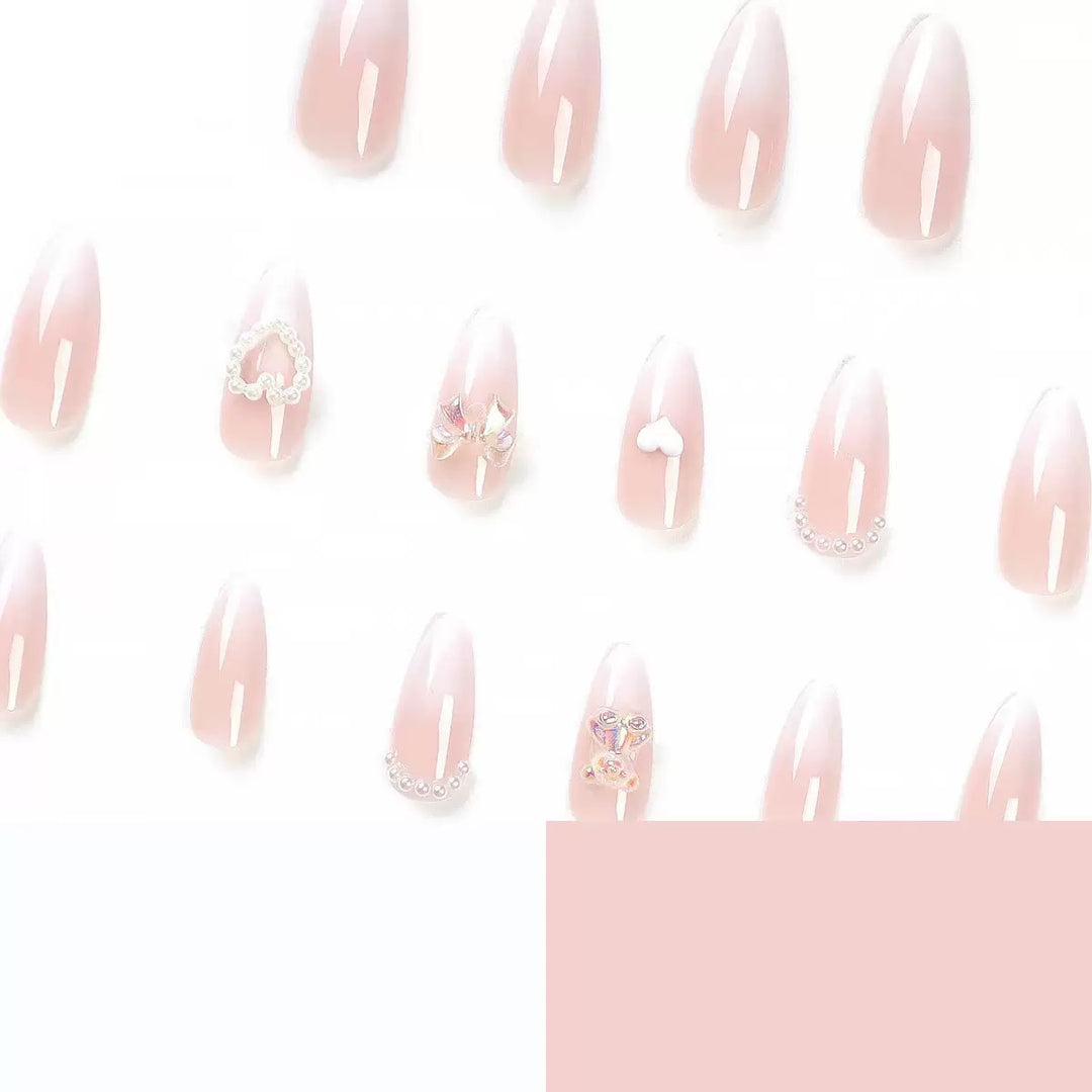 Vembley Set Of 24 Pcs Artificial Milky Pearl Ombre Stiletto Nails With Heart Charms