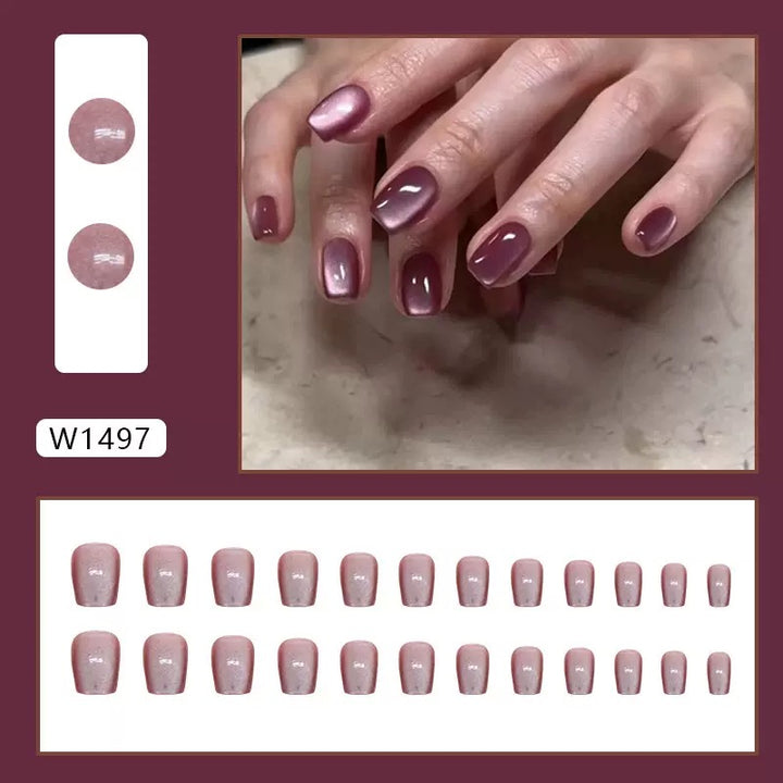 Vembley Maroon Glossy Cat Eye Press-On Nails – Short Square Elegant Artificial Nails Set