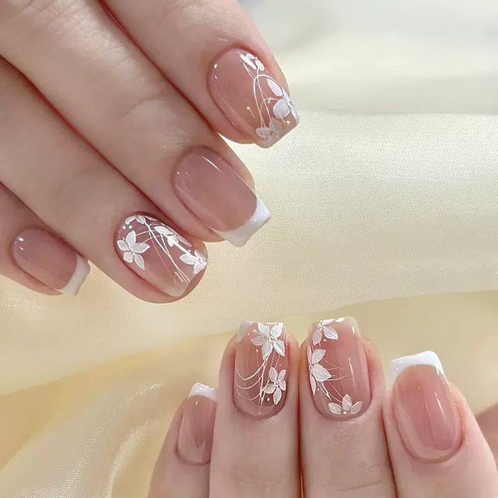Vembley Nude French Tip Floral Press-On Nails – Glossy Square Reusable Artificial Nails Set