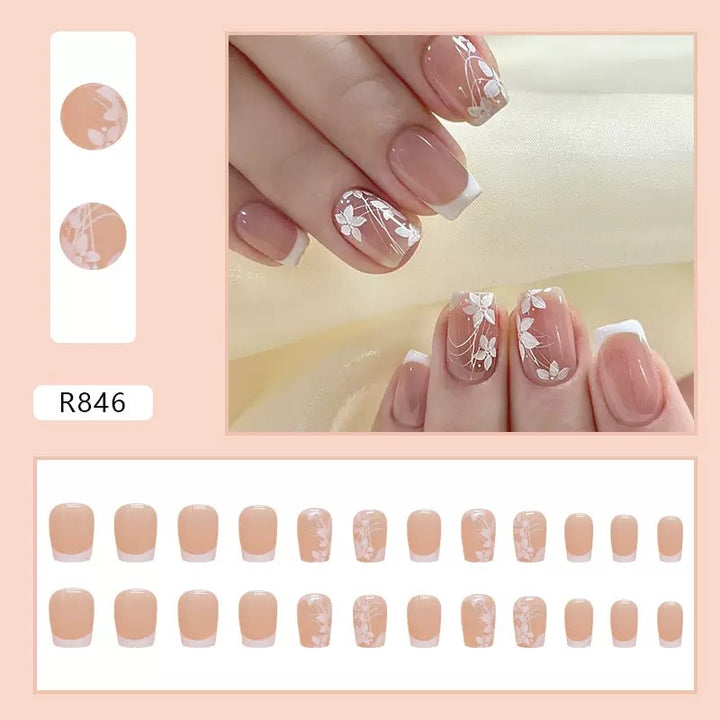 Vembley Nude French Tip Floral Press-On Nails – Glossy Square Reusable Artificial Nails Set