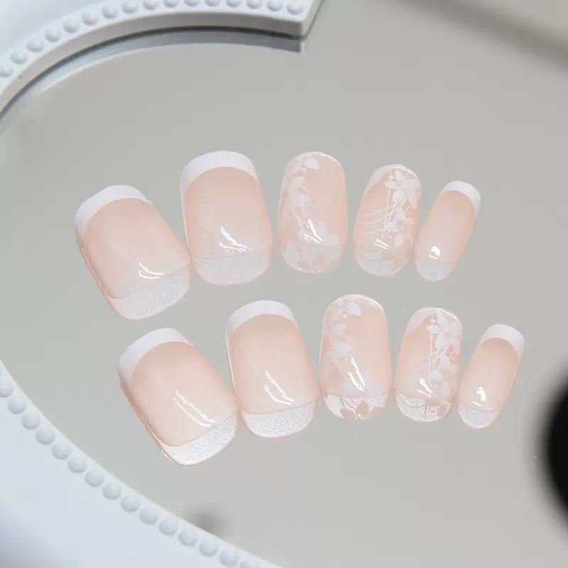 Vembley Nude French Tip Floral Press-On Nails – Glossy Square Reusable Artificial Nails Set