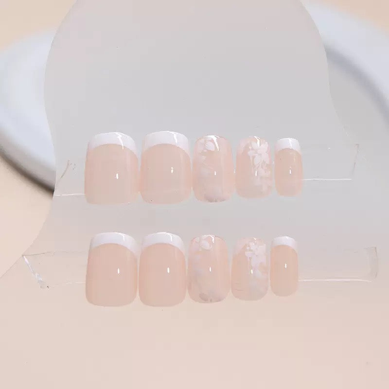 Vembley Nude French Tip Floral Press-On Nails – Glossy Square Reusable Artificial Nails Set
