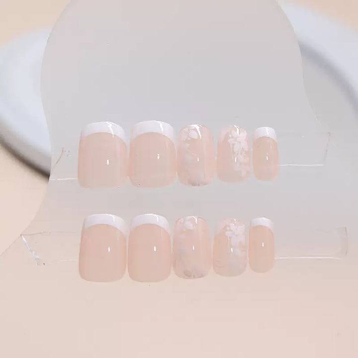 Vembley Nude French Tip Floral Press-On Nails – Glossy Square Reusable Artificial Nails Set