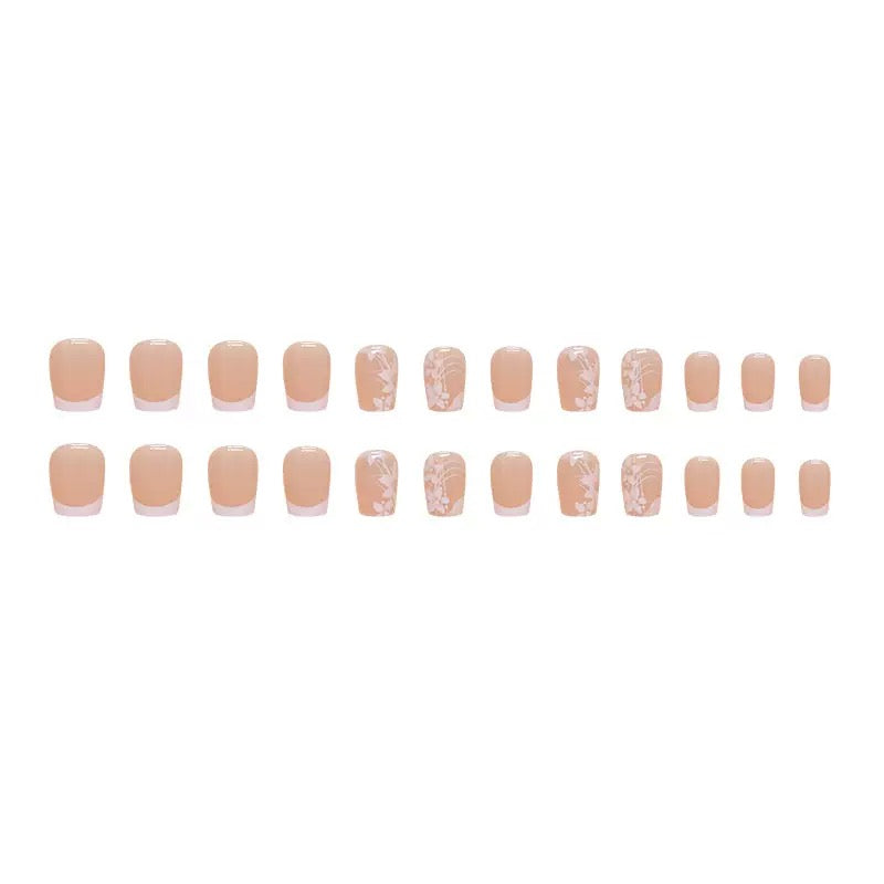 Vembley Nude French Tip Floral Press-On Nails – Glossy Square Reusable Artificial Nails Set