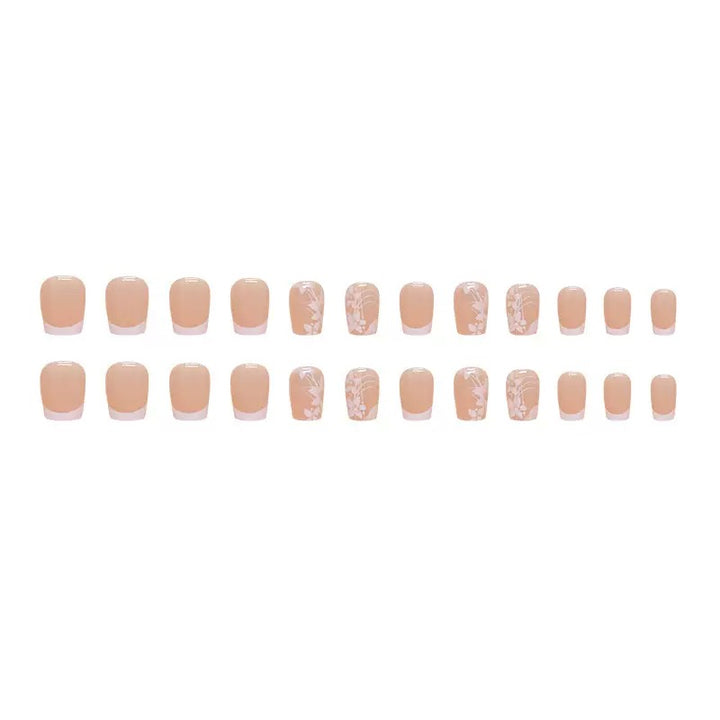 Vembley Nude French Tip Floral Press-On Nails – Glossy Square Reusable Artificial Nails Set