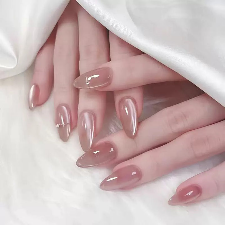 Vembley Glossy Nude Almond Cat Eye Press-On Nails – Elegant Natural Look Artificial Nails Set
