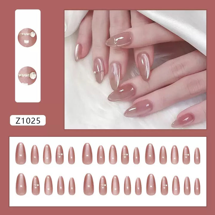 Vembley Glossy Nude Almond Cat Eye Press-On Nails – Elegant Natural Look Artificial Nails Set